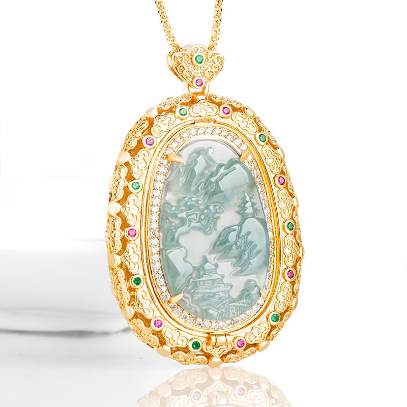 

Blue Myanmar Jadeite Landscape Pendant Necklace Real Burmese Jade Natural Jewelry 18K Gold Plated Choker Amulet