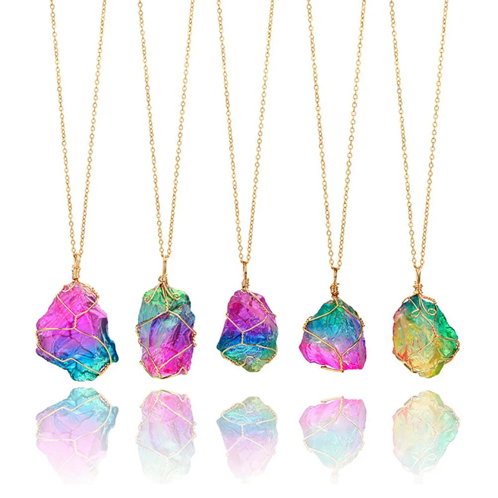

Rainbow Natural Stone Pendant Necklace Fashion Crystal Necklace Gold Quartz Necklace for Women Gift
