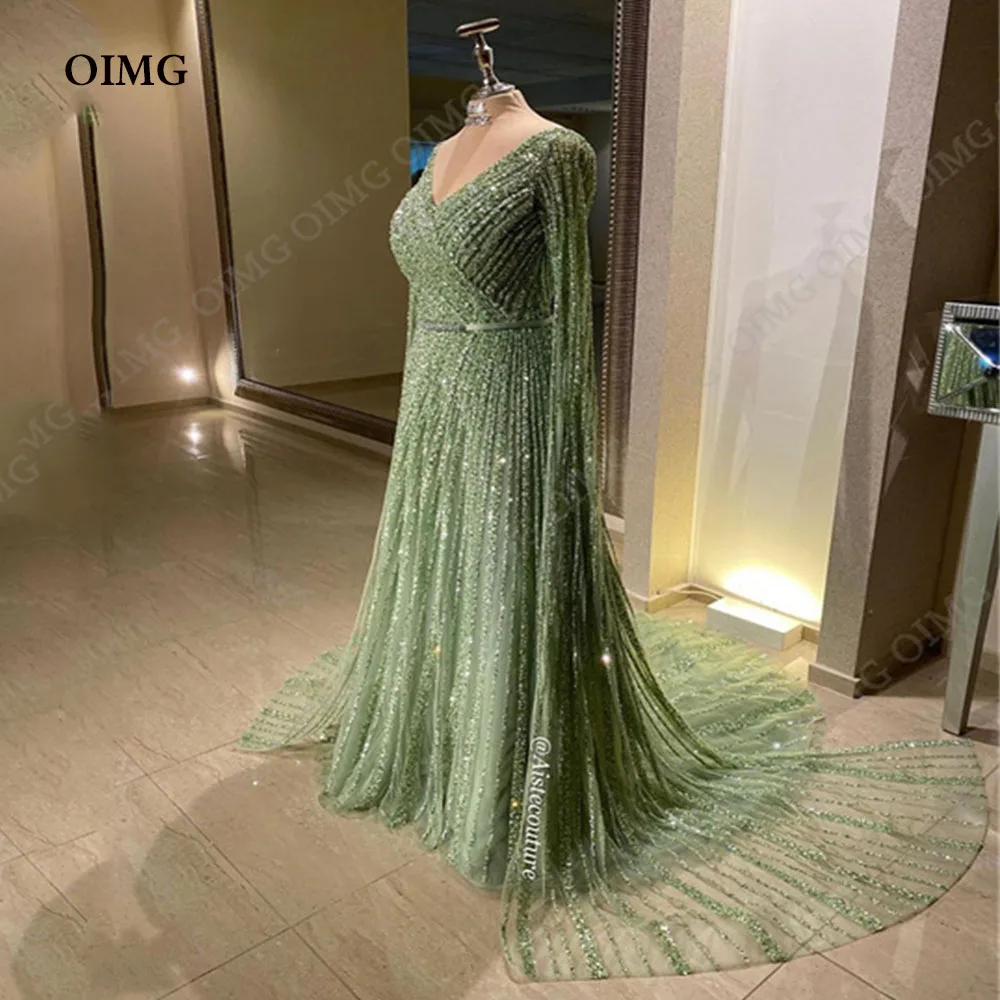 OIMG Green Shiny Sequins Evening Gowns Sweep Train Prom Dresses Saudi Arabia Robe De Soiree Beads Women Formal Accasion Wear