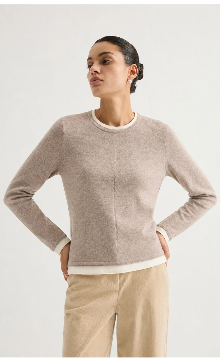 ML62039 Damen-Strickpullover mit Rundhalsausschnitt, Langarm, Zweiteiler-Optik, Kontrastfarbener Besatz, Lässiger Pullover für Herbst und Winter – Detail 8