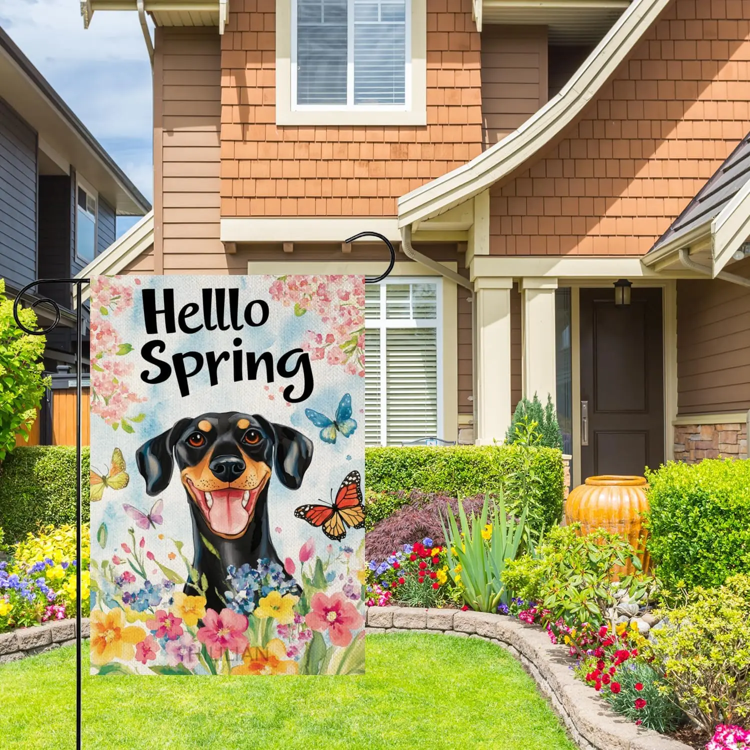 Hello Spring Doberman Garden Flag 12x18 Double Sided,Colorful Spring Floral Butterfly Garden Yard Flags for Spring Seasonal  zzo