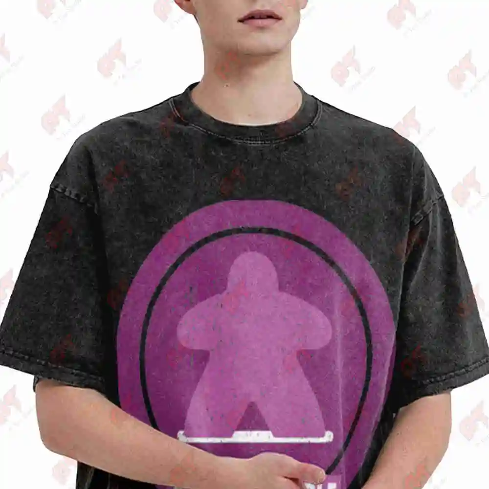 Retro Purple Meeple Board Game Inspired Vintage Washed Tee Pure Cotton T-Shirt