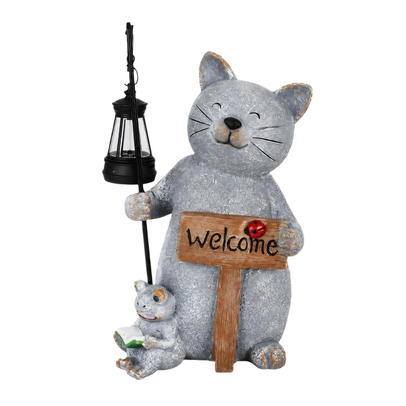  Lighted Cats Statue Welcome Decors with Lantern and Reading Cats Detail for Outdoor