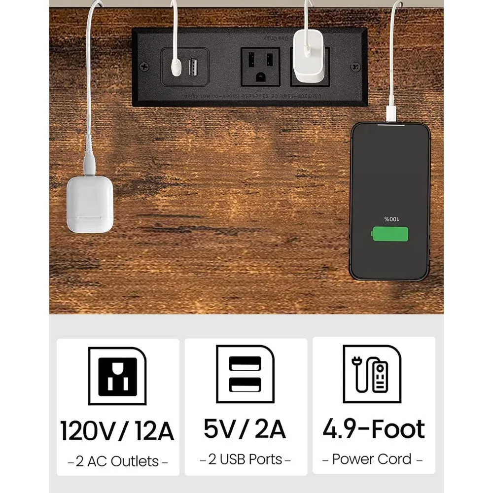 Mesa auxiliar con estación de carga, mesita de noche con puertos USB y enchufes, estante de almacenamiento de 2 niveles