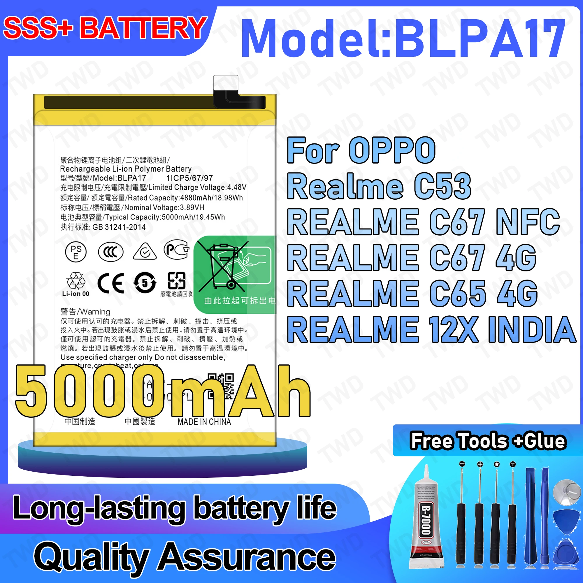 

BLPA17 Large capacity 5000mAh Battery For OPPO Realme C53/REALME C67 NFC/REALME C67 4G Batteries New High Quanlity+Free Tools