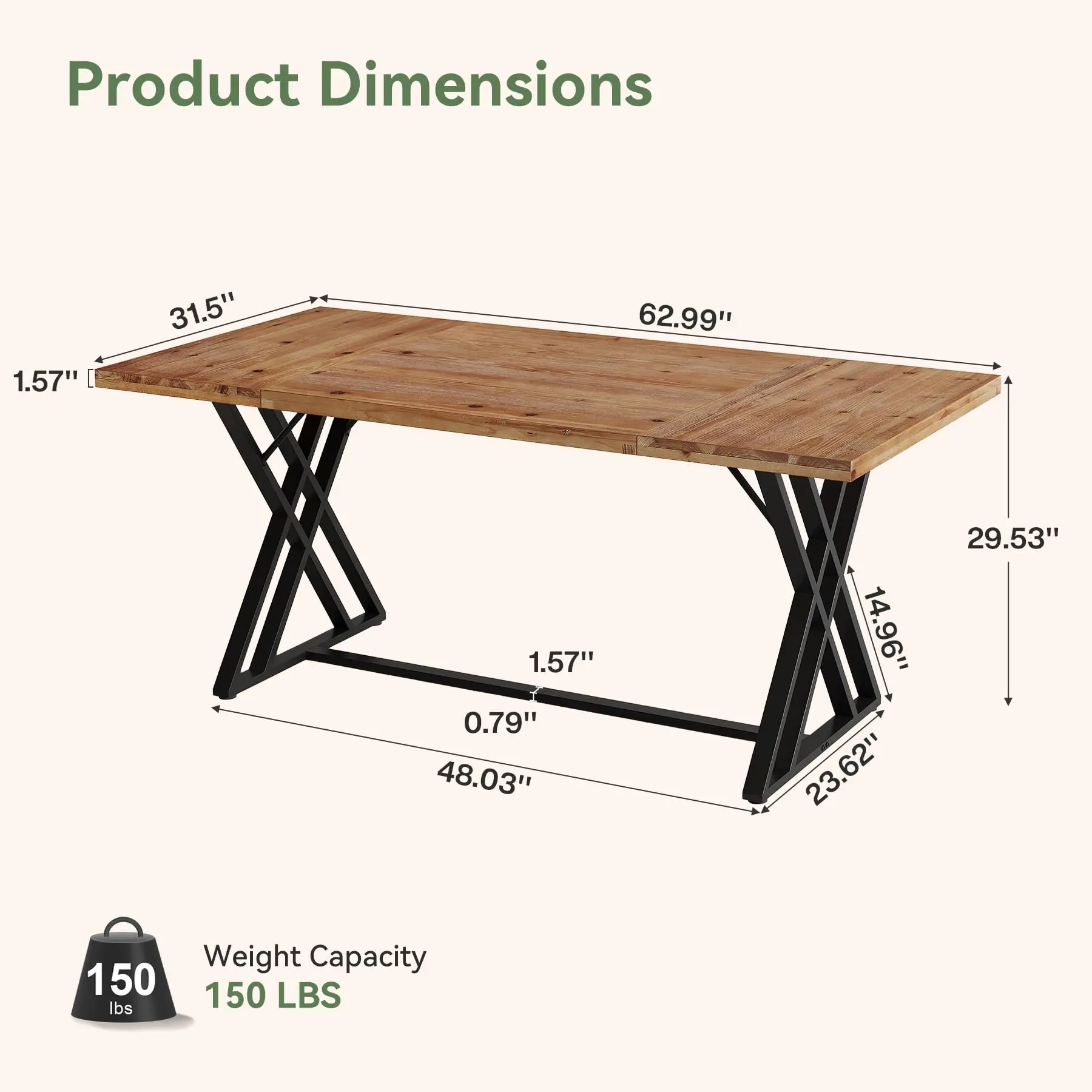 63 Inch Solid Wood Computer Desk, Home Office Workstation Table