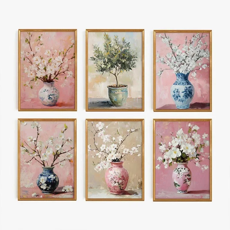 (No frame)Vintage Chinoiserie Flower Vase Poster Beautiful Pink Floral Botanical Canvas Painting Wall Art for Living Room Hom