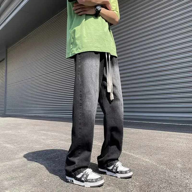 Men Fashion High Street Jeans Casual Harem Pants Letter Print Light Blue Sweatpants Trousers Drawstring Homens Jeans Denim Pants