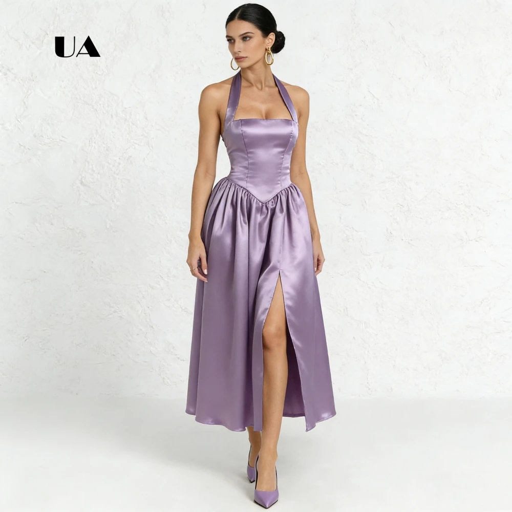 

ULBYANRY Satin Fit-and-flare Prom Dress with Halterneck, Solid Sleeveless Draped Evening Dress for Woman, Customized Party Gown