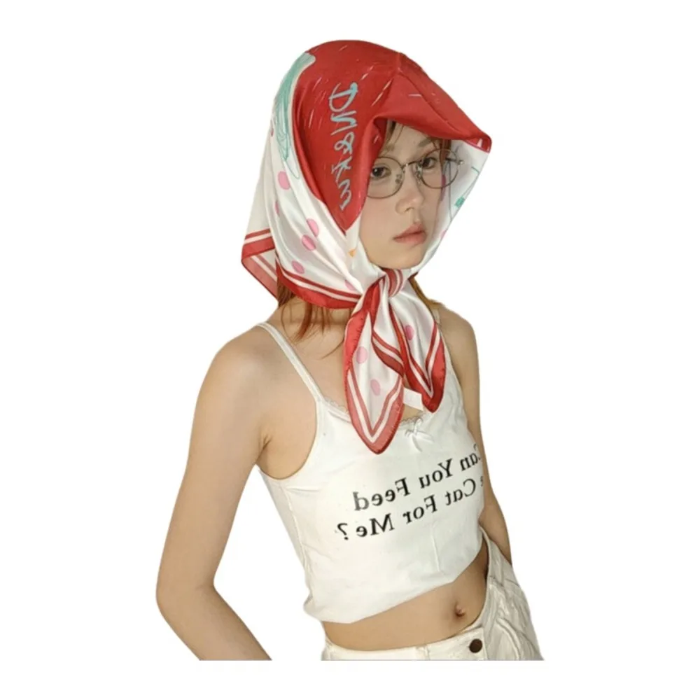 

Elegant Breathable Flower Printed Scarf Satin Fabric Spotted Dog Silk Satin Turban Soft Cat Bandana Head Scarf Girls