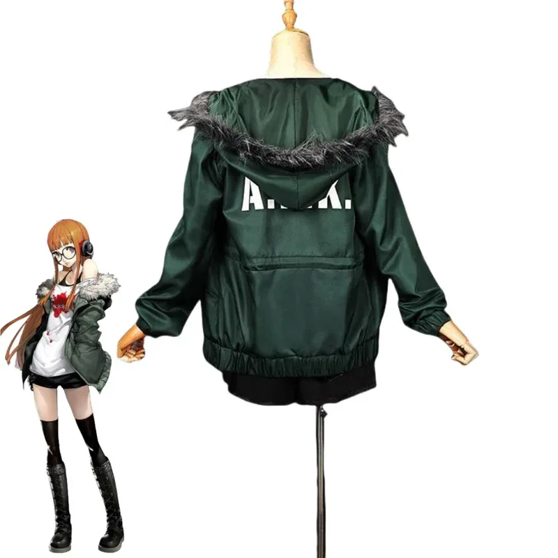 

CyAnime Game Futaba Sakura Cosplay Costume P5 NAVI Green Coat Uniform Glasses Wig Woman Sexy Carnival Halloween Suit