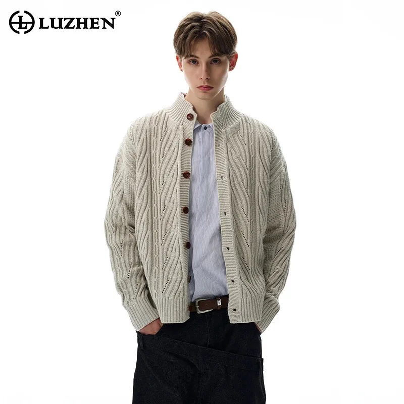 

LUZHEN стильный тканый узор однотонный вязаный кардиган модный красивый 2200 осень-зима оригинальный мужской повседневный свитер JY4358