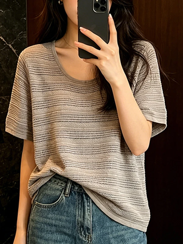 

plus Size Summer New Women's Slim Fit Hollow Knitted Short Sleeve round Neck Overhead T-Shirt Comfortable Breathable Korean S...