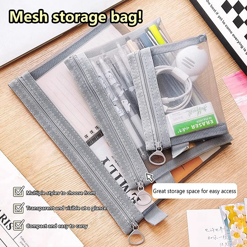 Portable Grey Mesh Cosmetic Bag Travel Zippered Student Office File Bag Headphone Bag Multifunctional Storage Bag