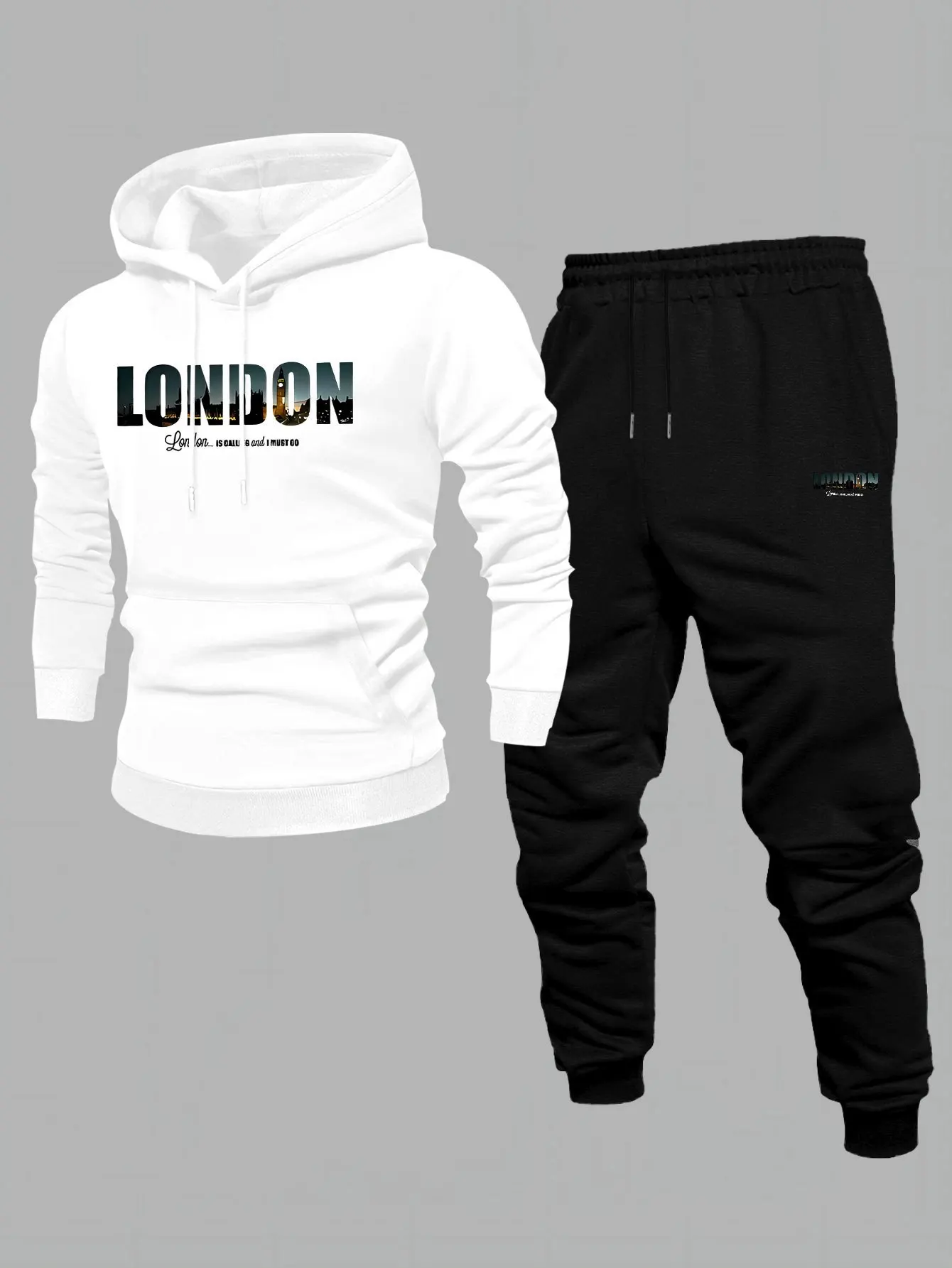 Men's trendy brand letter pattern printed hooded sweatshirt and casual pants set - winter and autumn fleece two-piece set