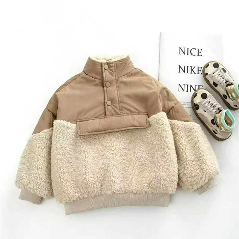 

Children's Thickened Sweatshirt Boys Girls Winter Fleece-Lined Pullover Kids Loose Patchwork Coats Toddler Plush Velvet Clothes