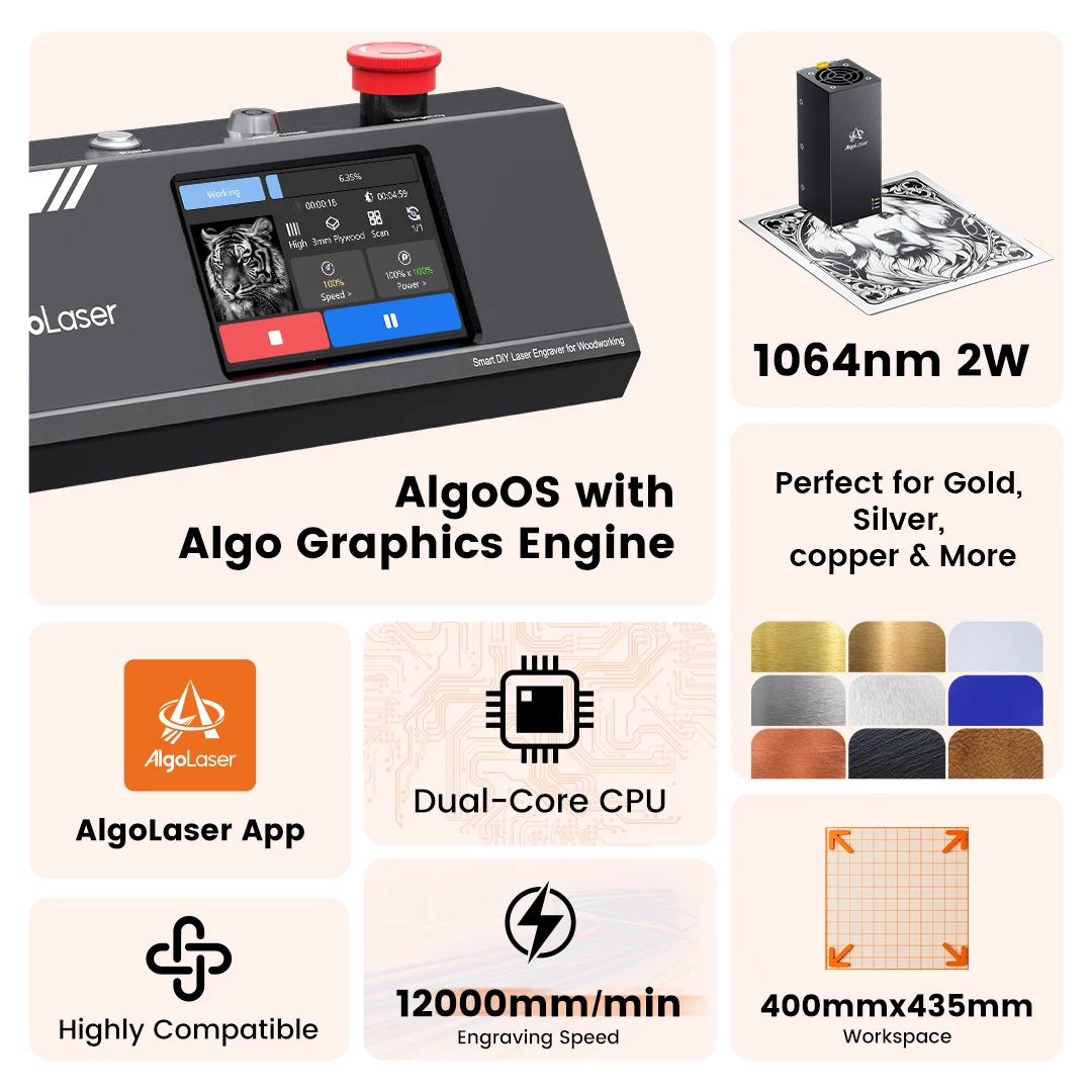 Algolaser 10W Laser Engraver Cutter 3.5”Color Touch Screen For Beginner Wifi Router  Table Woodworking Engraving Cutting Machin