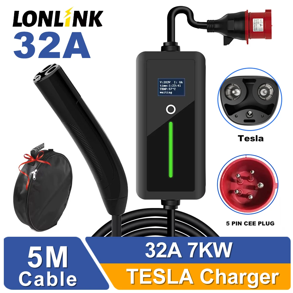 LONLINK  For Tesla EV Charger 32A 7KW Max with CEE Plug Compatible with Tesla EVs Fit For Tesla X/Y/3/S Charging