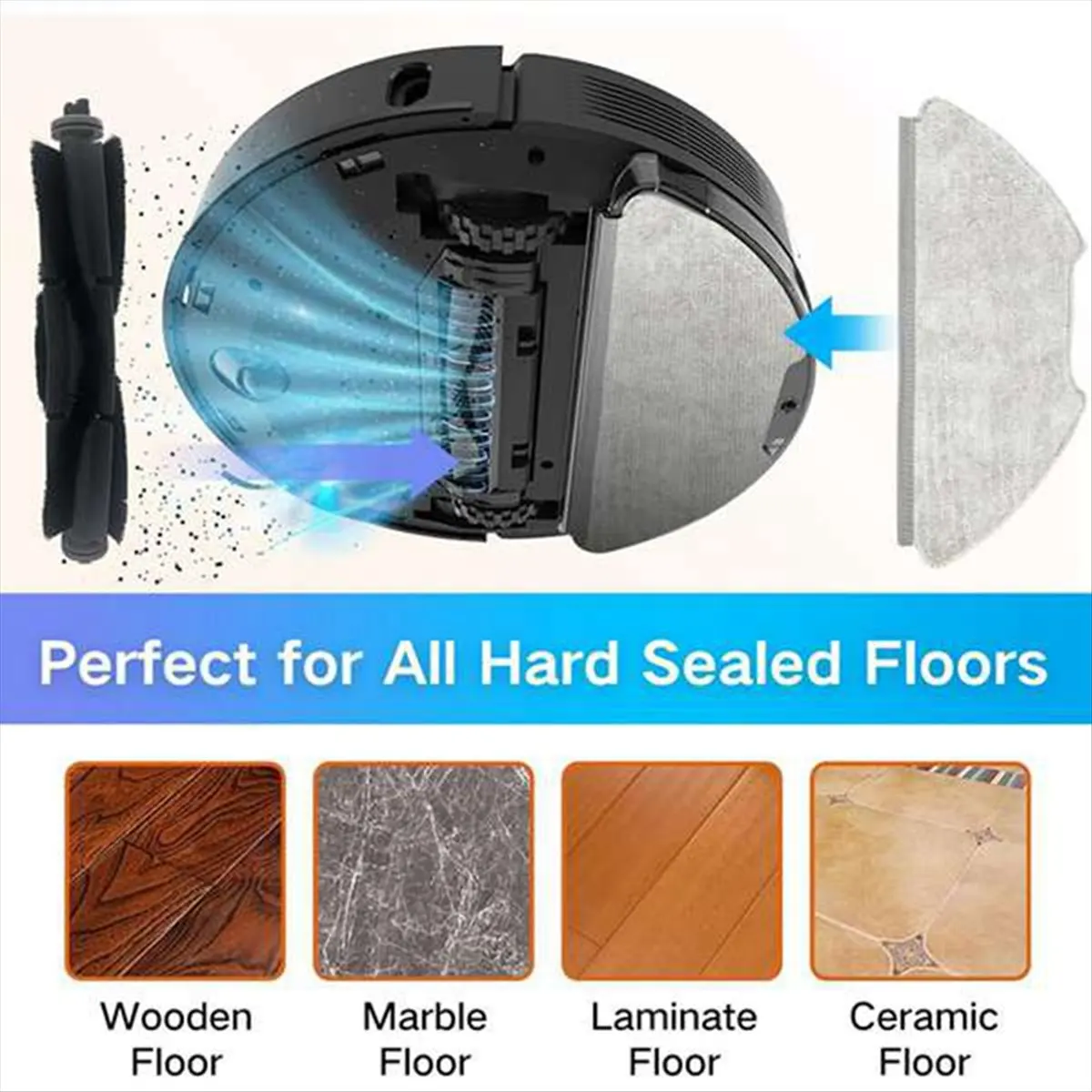 

Комплект аксессуаров EAS для робота-пылесоса Airrobo T20: основная и боковые щетки, фильтр, салфетка для влажной уборки, мешок для сбора пыли, запасные части.