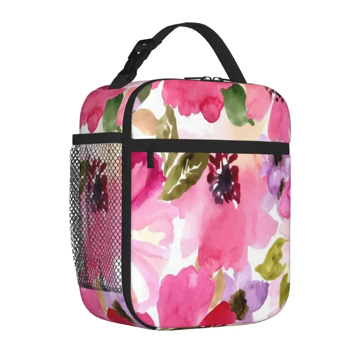 Hot Sale Watercolor Flowers Pink Fuchsia Neoprene Texture Nylon Lunch Bag Beach Outing Kids Lunch Bag