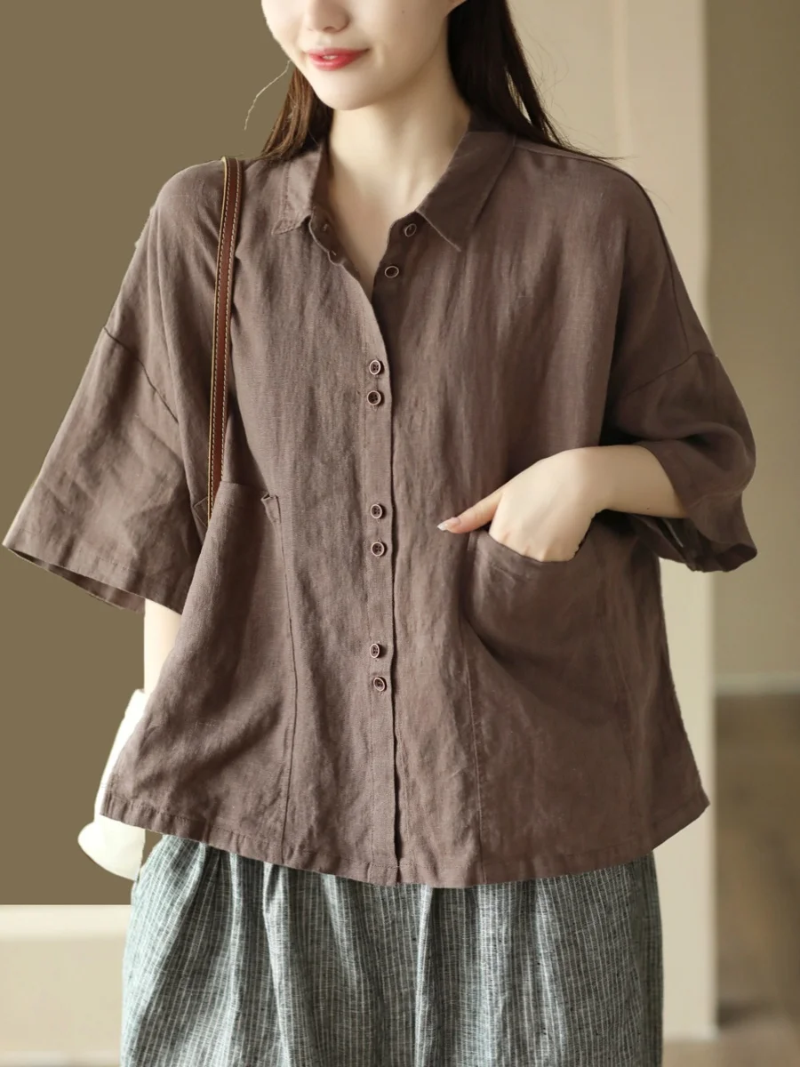 ลําลองผ้าฝ้ายผ้าลินิน irt ผู้หญิงฤดูร้อนใหม่ Sle ศิลปะ Retro Big ket Turn-down Collar หลวม irt Casual ...