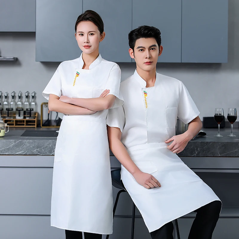 Uniforme de Chef blanc, manteau de Chef à manches courtes, T-shirt, veste de Chef d'hôtel, Restaurant, boulangerie, vêtements de cuisine respirants, Logo
