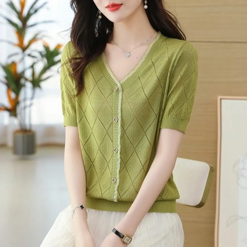 TuangBiang Summer Lace Hollow Out Pullover Cotton 2023 Diamond Button V-Neck Short Sleeves Knit T-Shirts Women Autumn Thin Tops