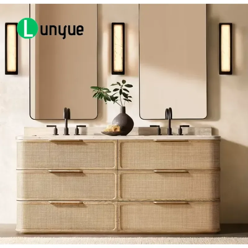 Deluxe Oak Rattan Double Sink Bathroom Vanity Set with Marble Top Modern Storage Cabinet for Home Hotel Bathrooms Durable