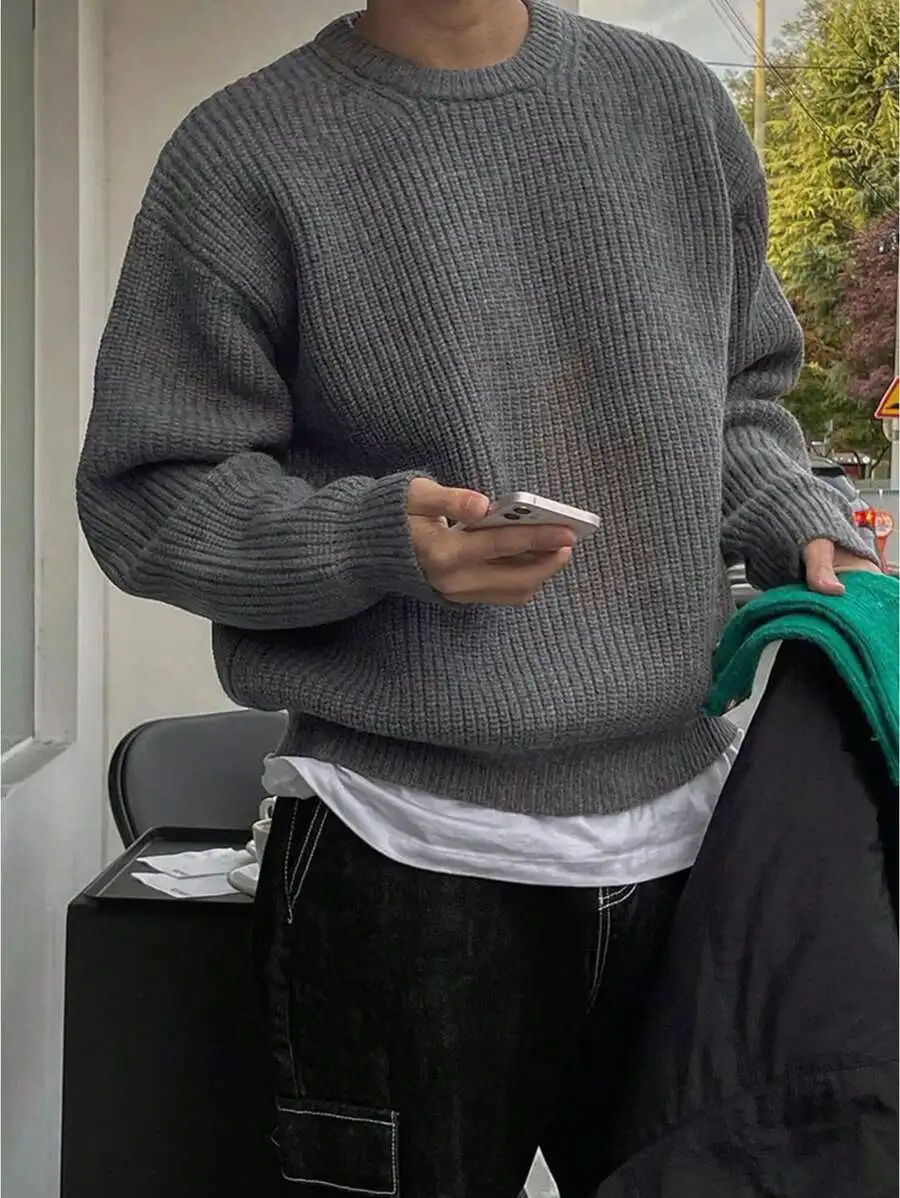 

Gray Loose Fit Ribbed Knit Sweater, Casual Unisex Long Sleeve Top for Autumn Winter