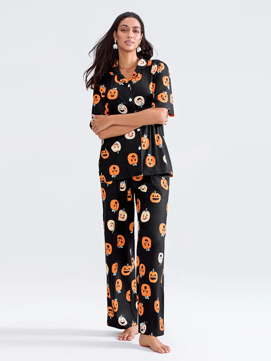 Women Halloween Pumpkin Print Lapel Collar Button Pajama Set Short Sleeve Shirt With Pants Sleepwear Loungewear Homesuits