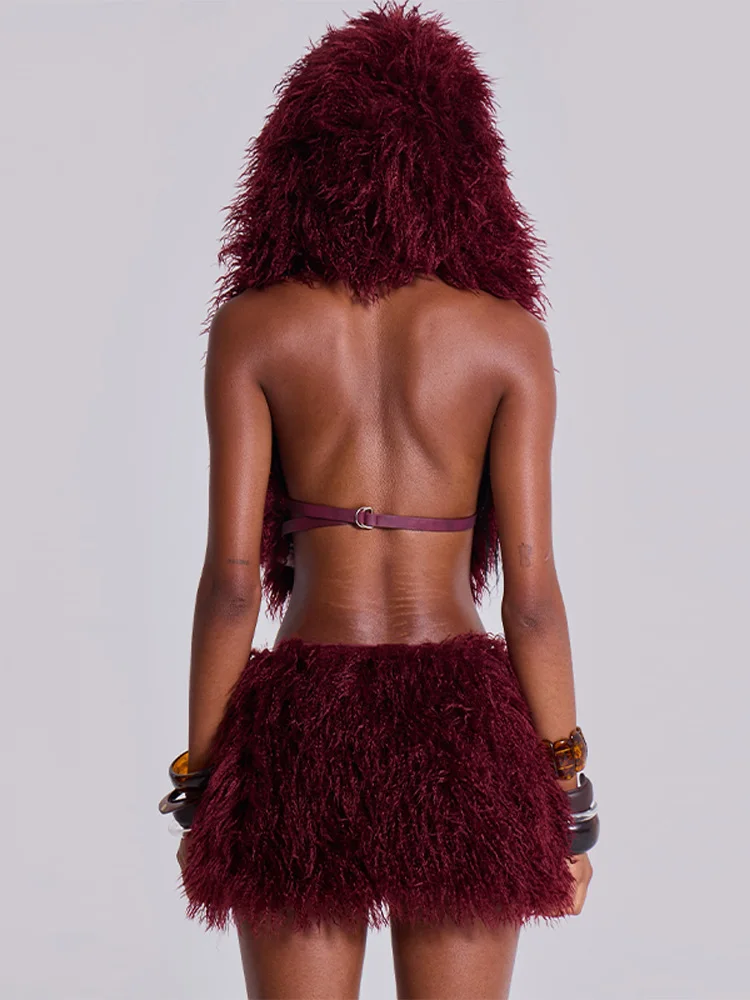 女性のセクシーなローネックフェイクファーぬいぐるみ服エレガントなバックホローレースアップクラブパーティーフード付きトップス秋の新しいソフトハイストリートウェア
