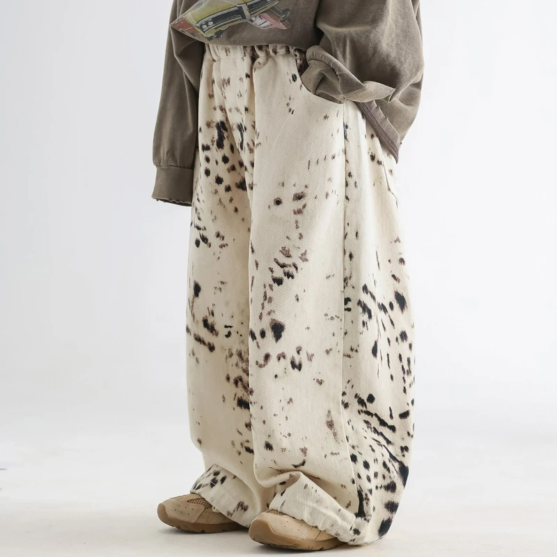 

Осенние джинсы для мальчиков из чистого хлопка, повседневные брюки корейской версии с леопардовым принтом, свободные широкие осенние длинные брюки, модный стиль