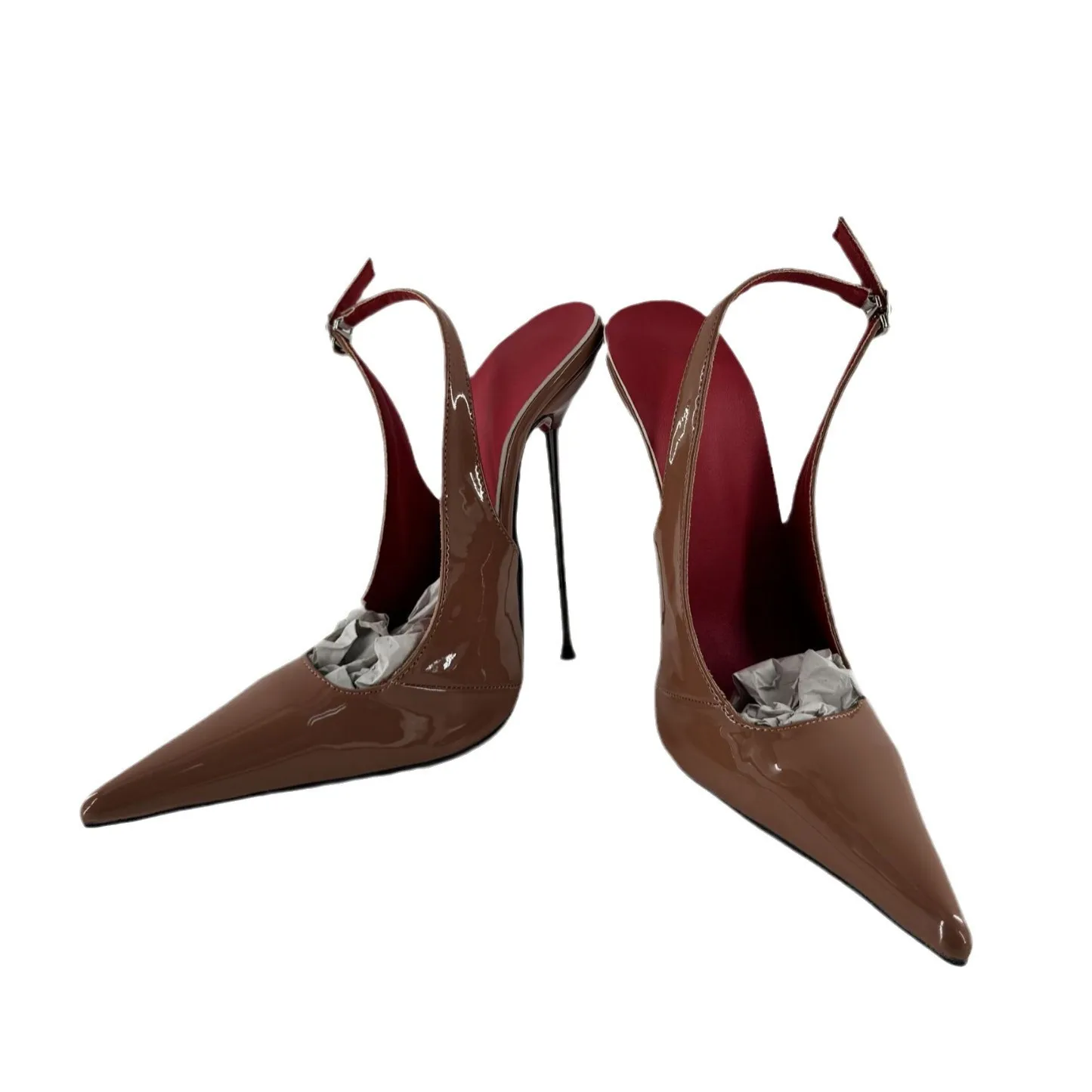 High heels patent leather long pointed shallow mouth designer style sexy and fashionable men\'s and women\'s buckle with red linin