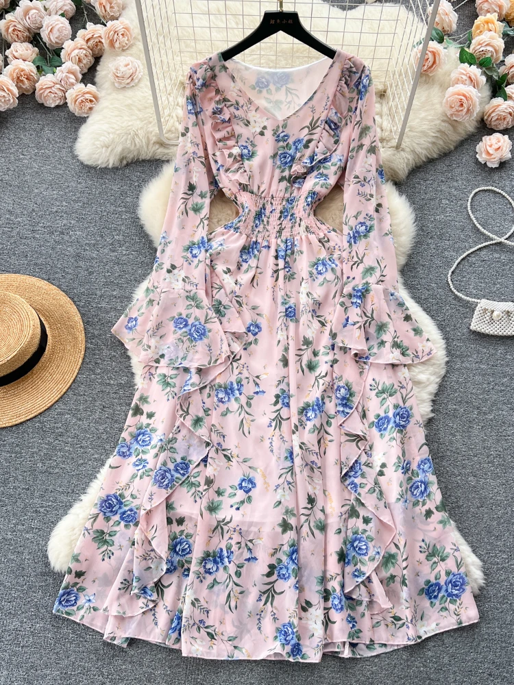 Vestido Floral de manga larga para mujer, traje de gasa con borde de loto, ajustado, para vacaciones, primavera y otoño, novedad de 2024