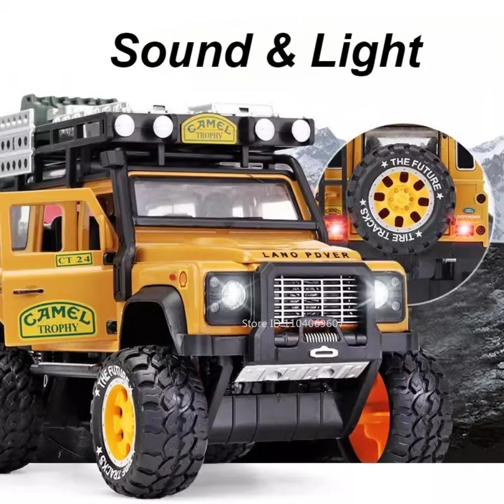 Scale 1:28 Land Rover Defender Car Model Toy Diecast  Alloy Camel Cup SUV 6 Doors Opened Sound Light Toys Gifts for Children