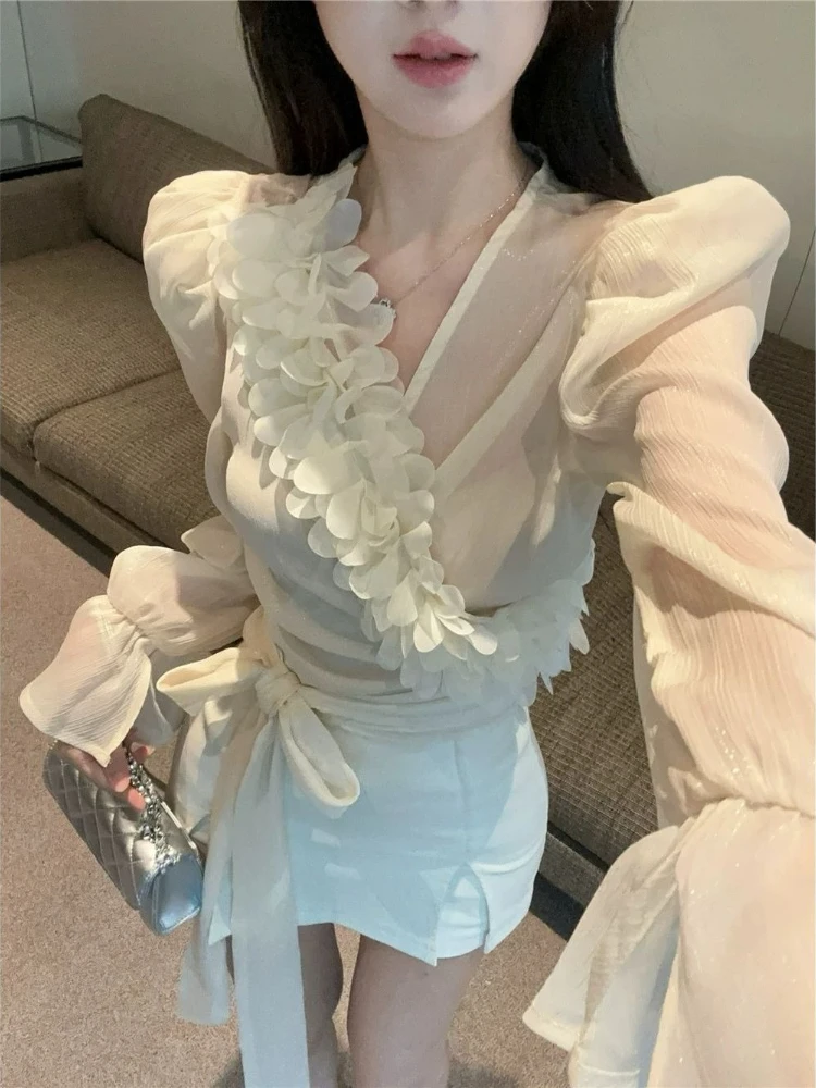 

Women Summer Chiffon Blouse French Style Puff Sleeve V Neck Top Elegant Palace Inspired Short Shirt Lightweight Casual Fashion