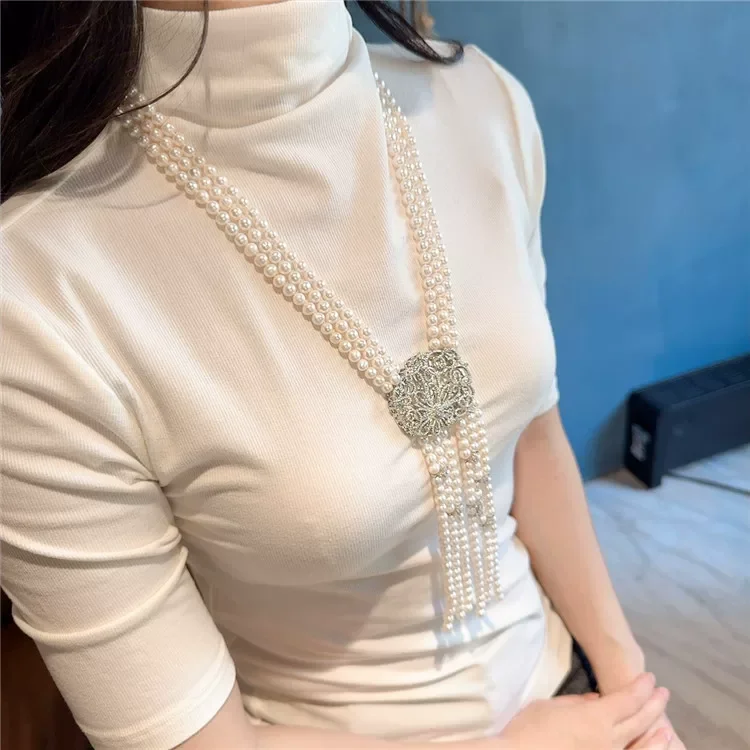 Handmade 3 Rows Natural Cultured Pearl Cz Pendant Necklace