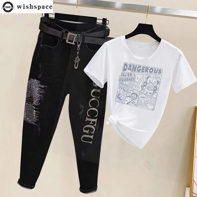 Spring/Summer 2023 New Letter Loose Slim Small Feet Haren Pants+Fashion Korean Short Sleeve T-shirt Jeans Two Piece Set