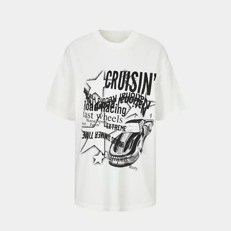 

brand M's 2025 summer new product, American-style vintage trendy racing car print, loose round neck short-sleeved T-shirt