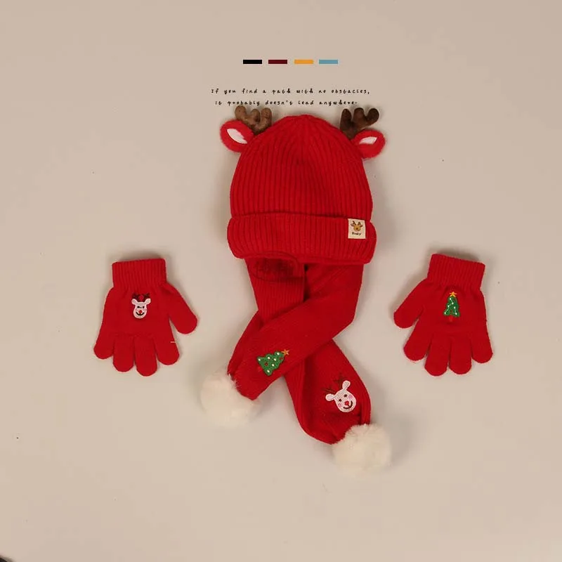 Little maven 2023 Children Hat Scarf and Gloves 3 pcs Velvet Scarf Cute Antler Baby Wool Christmas Sets Suit 1-6 year