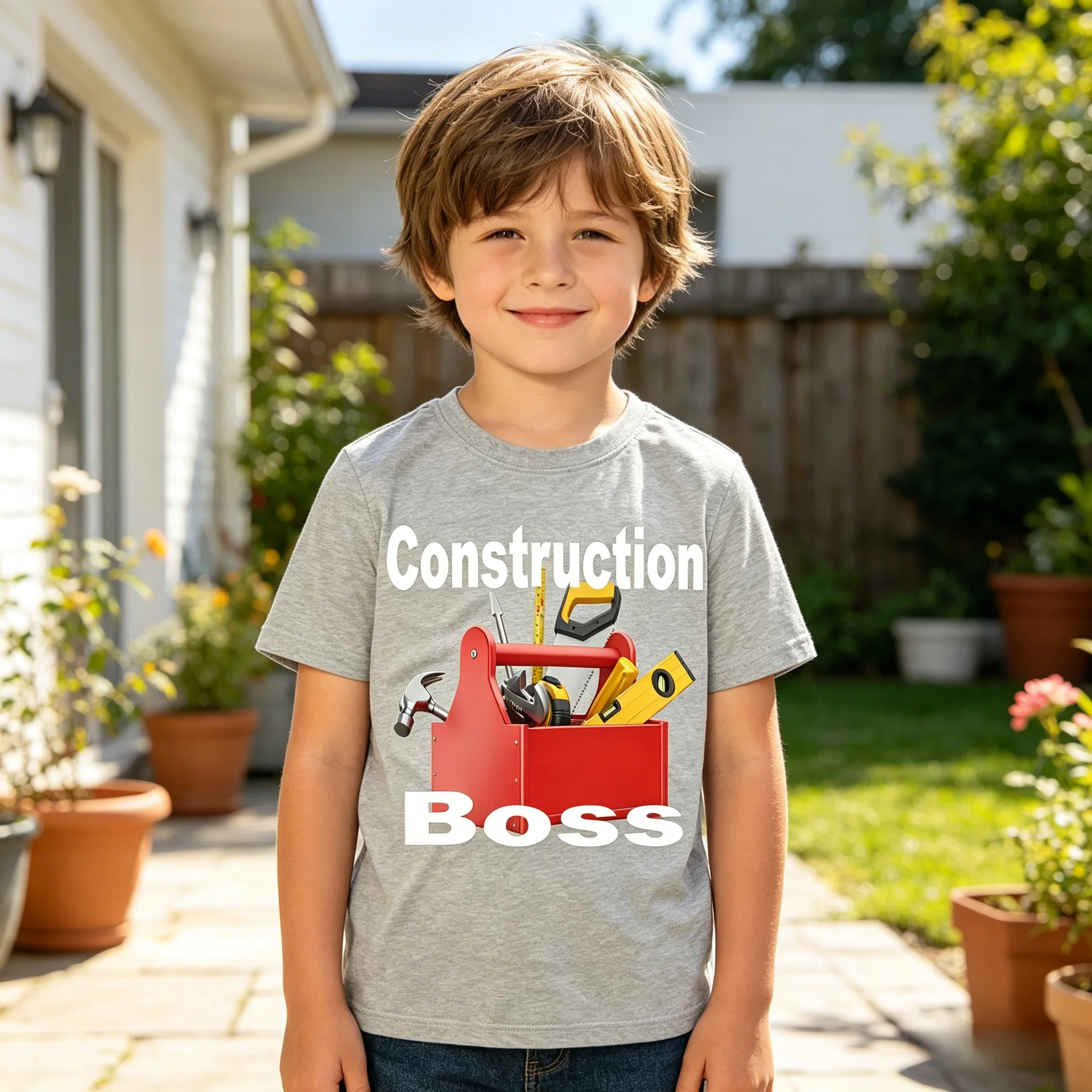 Kids Construction Boss Graphic Tee Loose Casual Fit Soft Breathable Cotton for Daily Outdoor Activity Multiple Sizes
