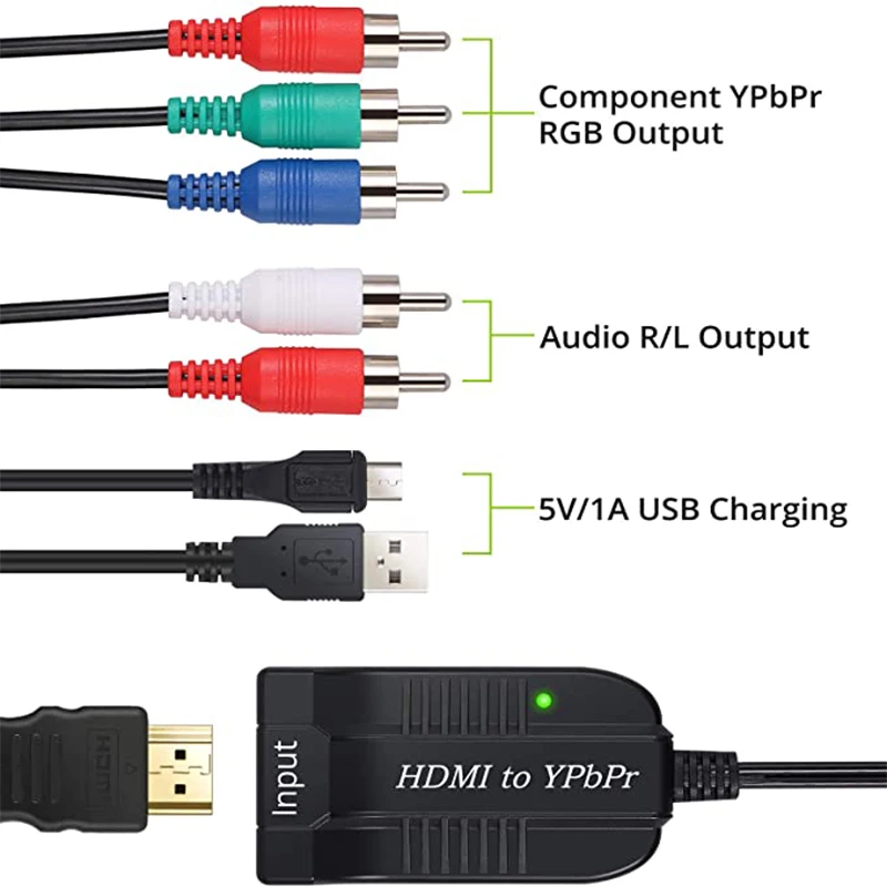 VAORLO 스케일러 HDMI 호환 RGB 컴포넌트 5 RCA YPbPr 비디오 및 R/L 1080P 오디오 컨버터 어댑터, TV PC