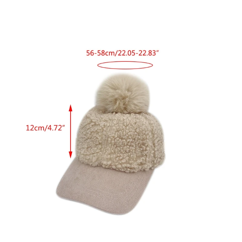 Women Winter Faux Fleece Baseball Peak Cap soft Warm Solid Color Cute Pompom Hip Hop Sunscreen Visor Brim Beanie Hat