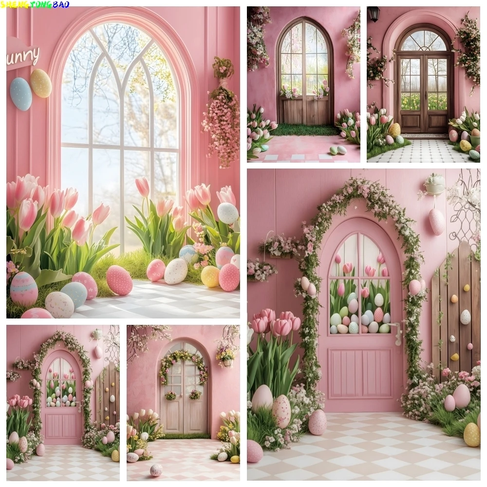 Frühling Ostern Fotografie Hintergrund rosa Wand Holztür Tulpe Blumen Eier Babyparty Kinder künstlerisches Porträt Fotohintergrund