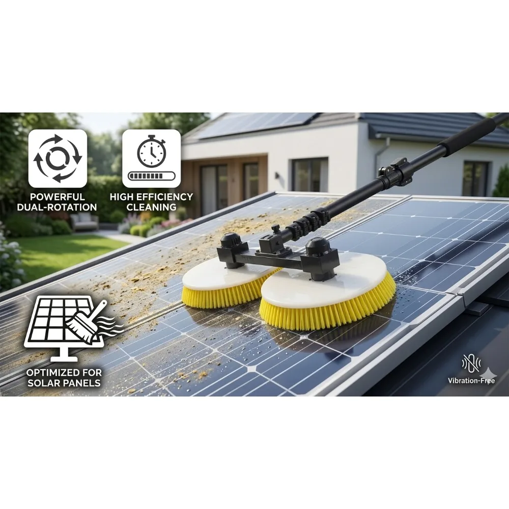 

Бесщеточная электрическая система для очистки солнечных панелей с двойной вращающейся насадкой, подачей воды и телескопической штангой для фотоэлектрических модулей