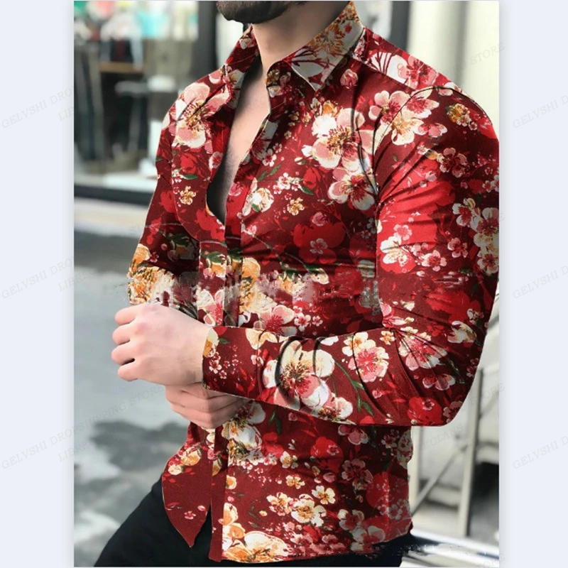 Camisa floral havaiana de manga comprida masculina, blusas da moda, blusa de praia Cuba, gola virada, botão para cima