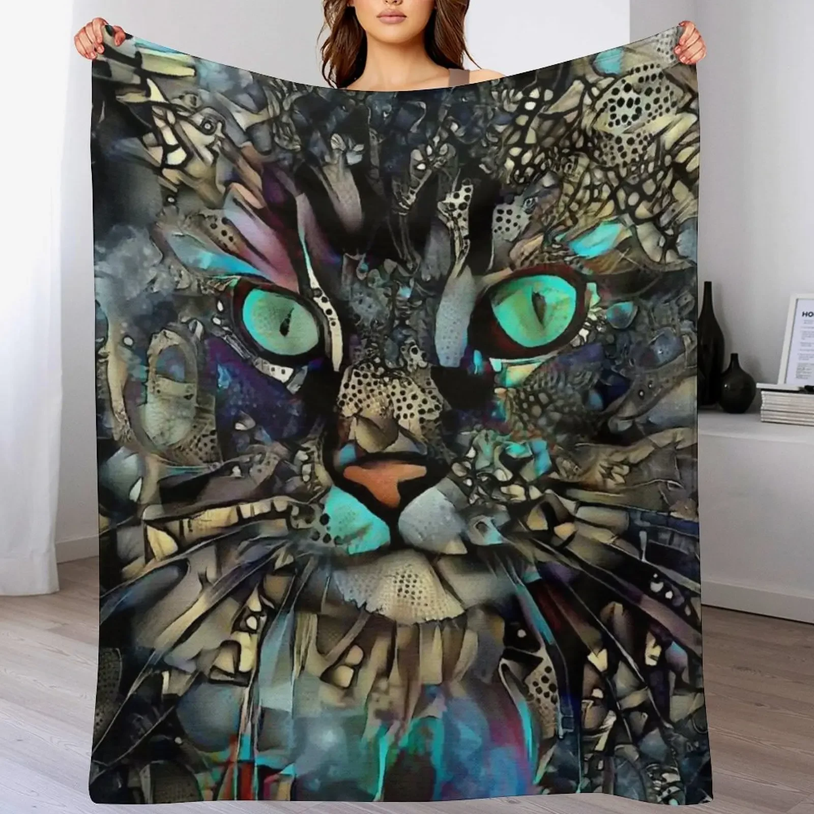 Couverture en peluche douce et durable pour usage quotidien, avec motifs de peintures Ojitos, chat, gato, chaton, kitty, lea roche
