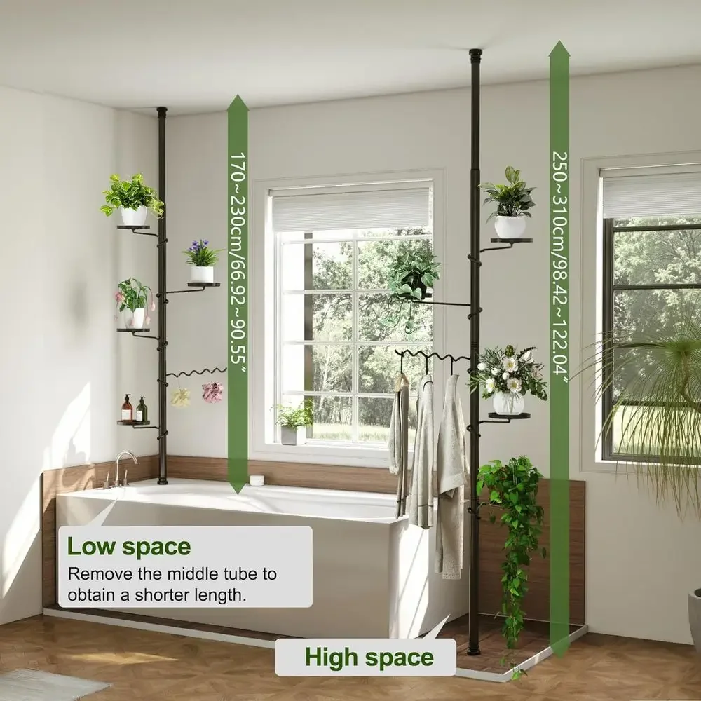 5-Tier Adjustable Indoor Plant Stand with Spring-Loaded Hanger, 4 Trays and 1 Wave Hook, Black