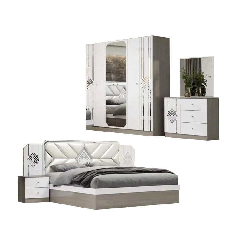 

&Modern Simple Queen Size Wooden Bed Leather Headboard Home Apartment Full MDF Cheap White Bedroom Furniture Set