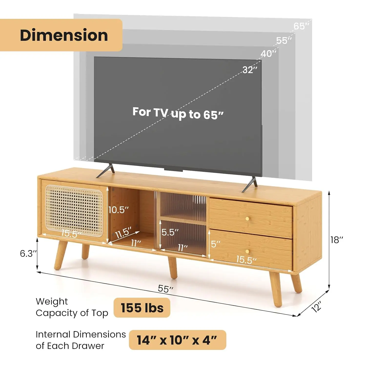 Bamboo TV Stand 55-65 Inch, Rattan Center with Sliding Doors & Drawers, Open Shelves, 5 Wood Legs, 2 Cable Holes, , Customized